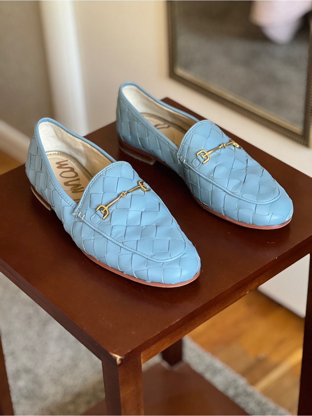 Sam Edelman Light Blue Woven Loafers with Gold Bit